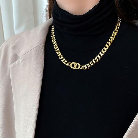 💜💜 Stainless Steel Gold-Tone Curb Chain Necklace with Oval Accent | Fashion💜 - Picture 8 of 8